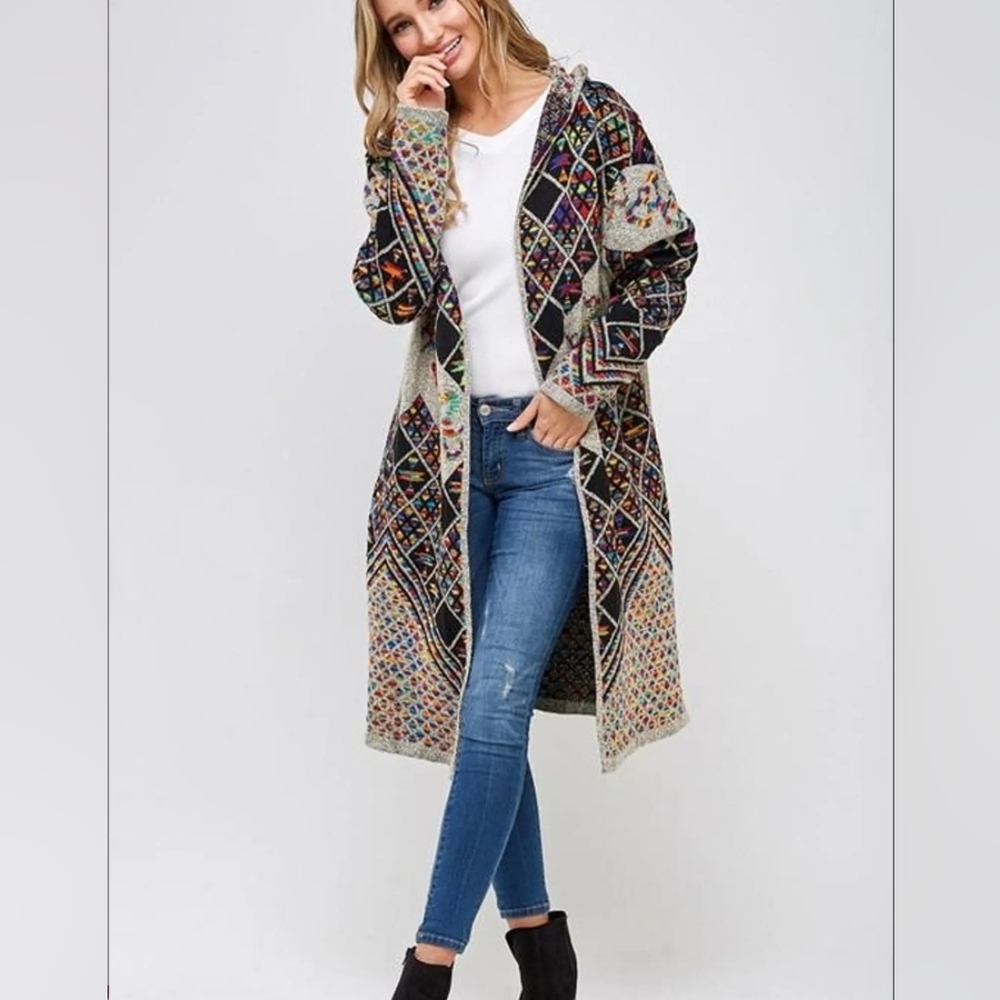 Northern Angel Cardigan Womens M Geometric Rainbow Colorful Sweater Hooded Warm